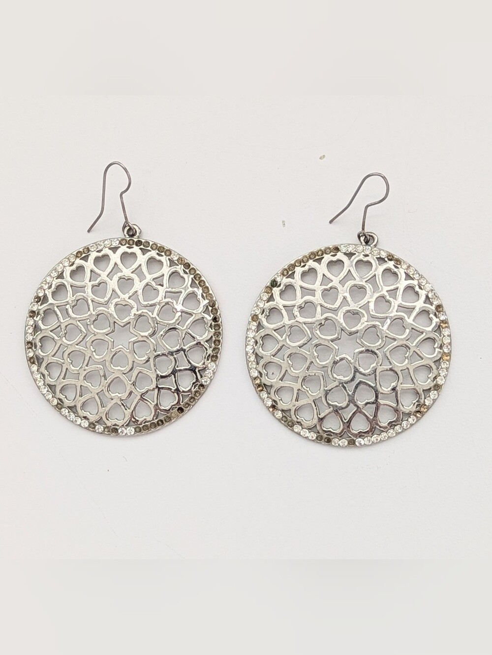Round Silver-Tone Cut-Out Hearts Filigree Dangle Pierced Earrings
